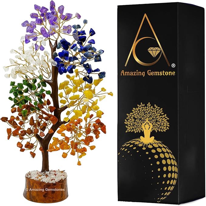 Amazing Gemstone Chakra Tree of Life, with Seven Stones - Decor Gift for Bedroom, Desk, Spiritual Room for Women, Men