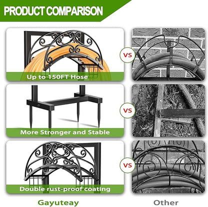 Garden Hose Holder - Upgraded Water Hose Holder Stand with Storage Basket Holds 151ft, Heavy Duty Freestanding Garden Hose Hanger Storage Rack for Outside Yard Lawn Farm
