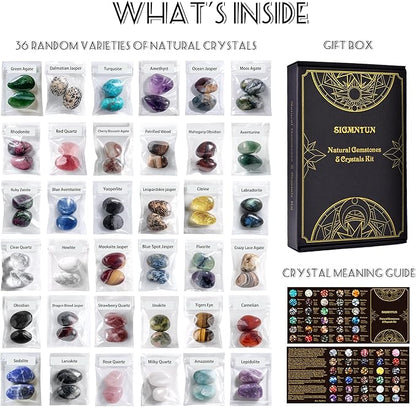 Polished Healing Crystal Stones Set, 36 Different Natural Gemstone Types, 2.5 lbs of 0.8" Tumbled Decorative Rocks Collection for Chakra, Meditation, Reiki, Energy Work, Crafts, Gifts