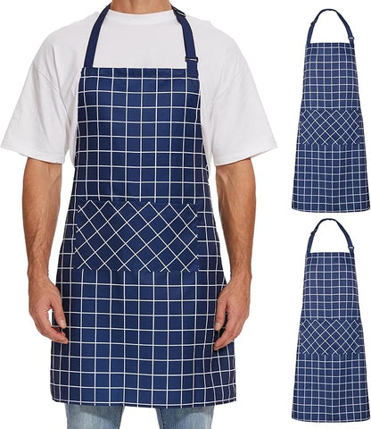 Will Well Kitchen Apron for Men and Women - 33" x 27" Oil-and-Water-Resistant with Adjustable Neck Strap and 38" Waist Ties for a Snug Fit, Lightweight with 2 Front Pockets - 2-Pack, Navy Checkered