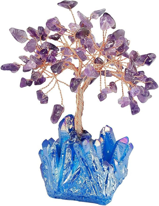mookaitedecor Amethyst Crystal Tree, Quartz Cluster Blue Titanium Crystals Base Bonsai Money Tree for Wealth and Luck