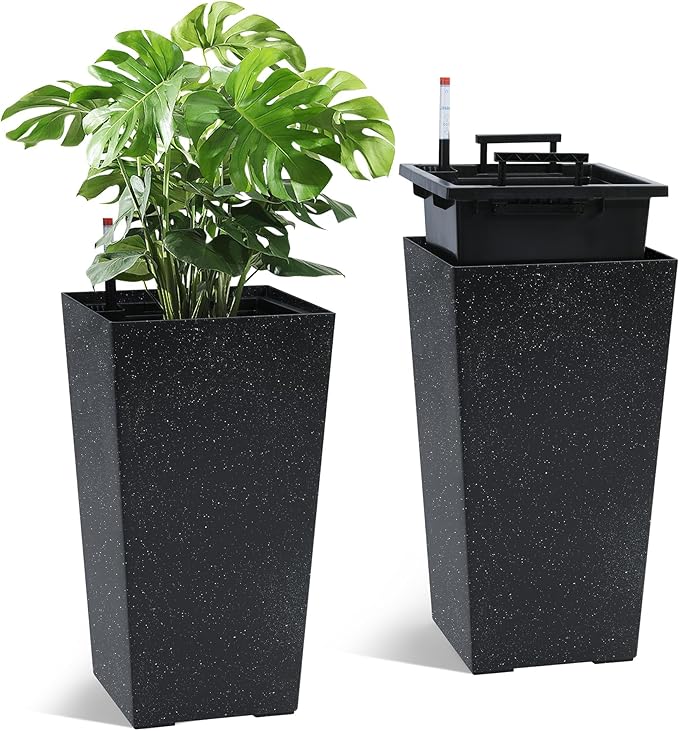 22.5'' Tall Planters for Outdoor & Indoor, Self Watering Plant Pots Set of 2 with Water Level Monitor & Drainage, Automatic Watering for Patio Garden, Black