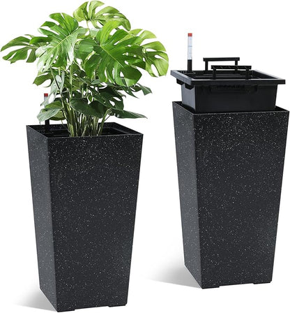 22.5'' Tall Planters for Outdoor & Indoor, Self Watering Plant Pots Set of 2 with Water Level Monitor & Drainage, Automatic Watering for Patio Garden, Black