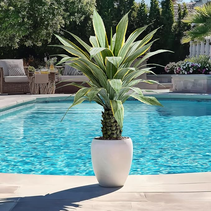 Artificial Agave Plant Potted Plants for Indoor Outdoor Fake Agave Tree in Pot Realistic Faux Tree with 42 Leaves for Home Living Room Office Garden Front Porch Patio Decor (51inch-1 Pc Potted Yellow)