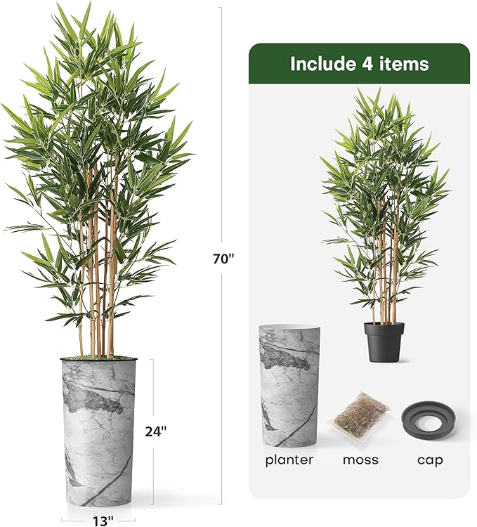 Artificial Tree in Gray Marble Effect Planter, Fake Bamboo Silk Tree for Indoor and Outdoor Home Decoration - 70" Overall Tall (Plant Pot Plus Tree)