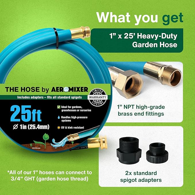 Aeromixer THE HOSE - 1 Inch Garden Hose 25 Ft, Kinkless Commercial Garden Hoses, Heavy Duty Industrial Water Hoses for Outdoors, 650 PSI High-Pressure Watering Tool for Farming and Gardening