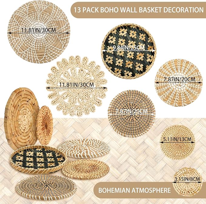 Glenmal Set of 13 Boho Wall Basket Decor Woven Rattan Flat Baskets Handmade Boho Wicker Bamboo Seagrass Wall Hanging Decor for Bedroom Living Room Dining Room Office Ready to Hang(Retro)