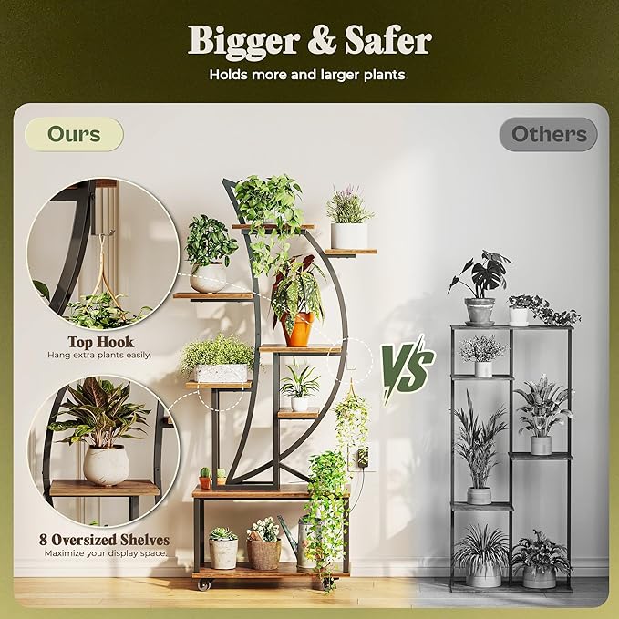 PRAISUN 62 Inch Plant Stand Indoor with Grow Lights, 8 Tiered Plant Shelf with Larger Flower Holder, Half Moon-Shaped Stand with Hook, Wheels, Plant Rack for Living Room, Rustic Brown