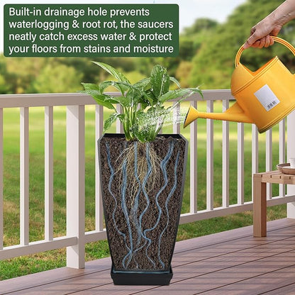 Set of 2 Tall Planter, 21 inch Large Plastic Planter with Drain Hole & Saucers, Large Outdoor Planters for Porch, Garden, Patio, Balcony(Lead Gray)