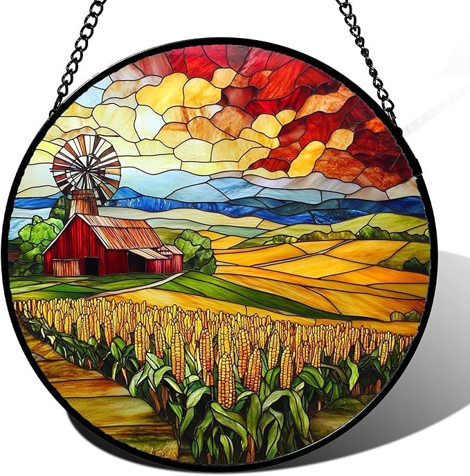 Stained Glass Window Hanging Autumn Farm Corn Harvest Landscape 9.8" - Suncatcher Garden Door Sun Catcher Home Decor Birthday Christmas for Woman Mom Friend Men Nana