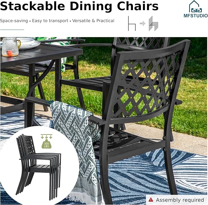 MFSTUDIO Patio Dining Set for 6, Outdoor Table and Chairs Set with Umbrella Hole, 7 Piece Metal Outdoor Dining Set, Patio Furniture Set for Deck Backyard Poolside Garden