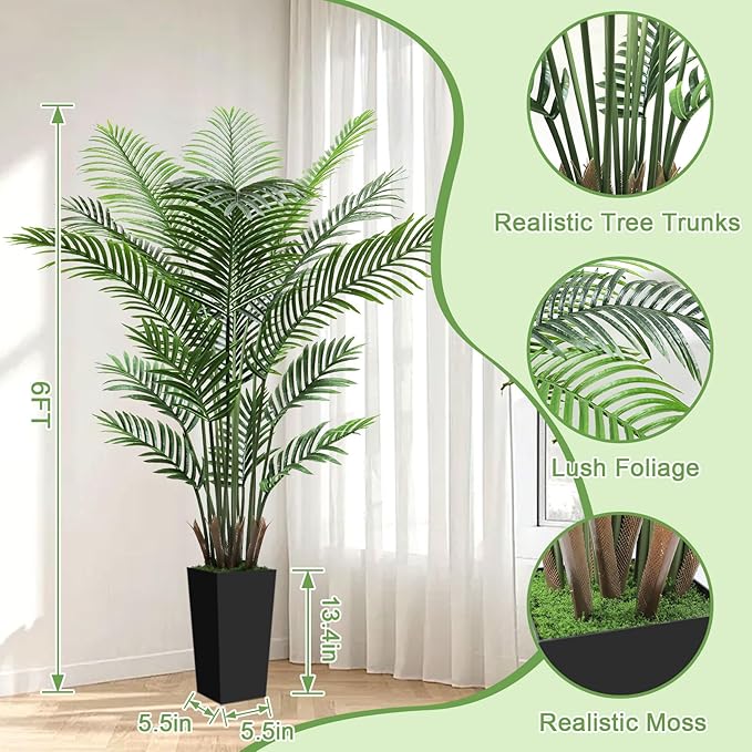 6FT Tall Fake Tree Artificial Palm Plant with Black Planter – Faux Indoor Plants Tree Decor for Home Office Living Room Corner