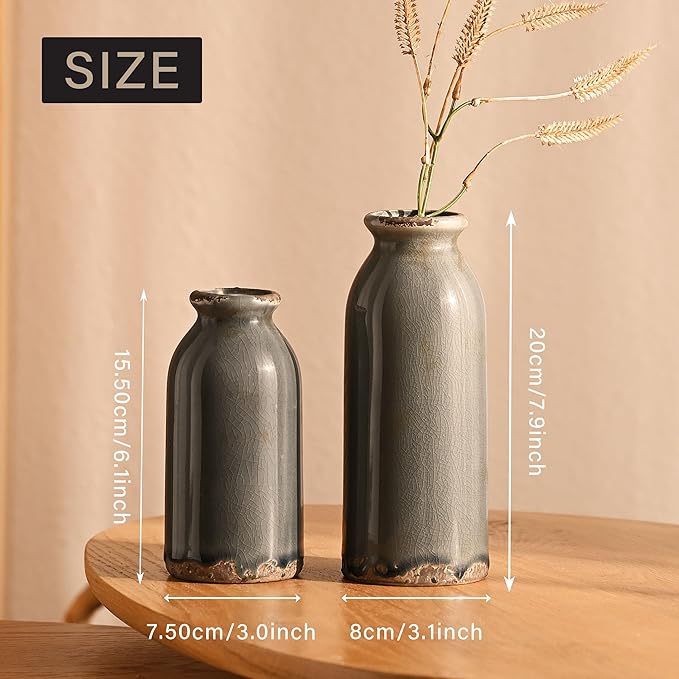 VICTOR & TERESA Blue and Grey Ceramic Vase Home Decor, Farmhouse Vases for Flowers, Flower Vase Set of 2, Rustic Decorative Vases for Pampas Grass, Table, Living Room, Shelf, Centerpieces, 8 inch