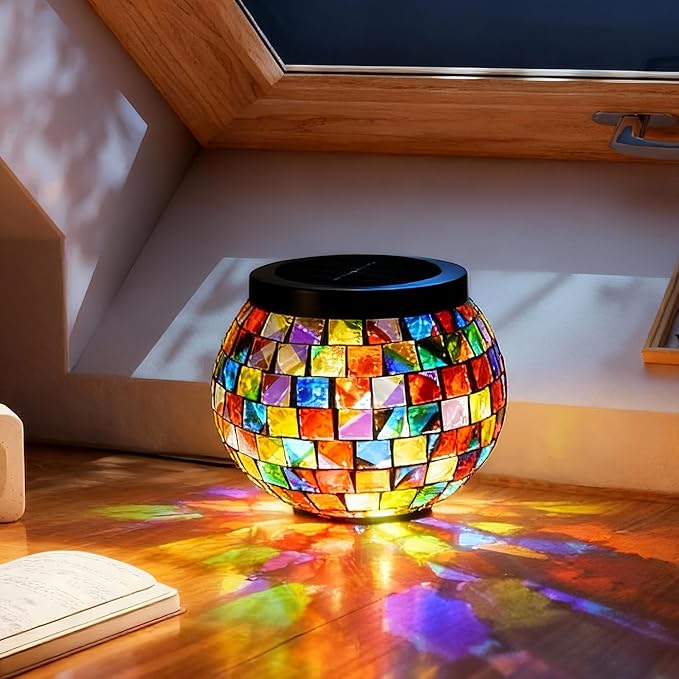 Cooo 2 Pack Landscape Lighting Path Lights Heavy Solar Mosaic Lantern with RGB Color-Changing Light – Dual Solar Panels, Red Amber Glass Tiles, Waterproof Outdoor Christmas Decorations