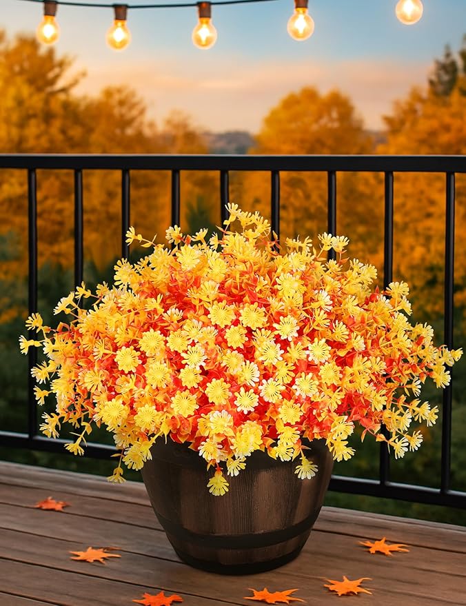 16 Bundles Artificial Flowers for Fall Outdoors Decoration - Fake Mums Faux Artificial Plants Plastic Flower No Fade for Harvest Halloween Thanks Giving Day Decor