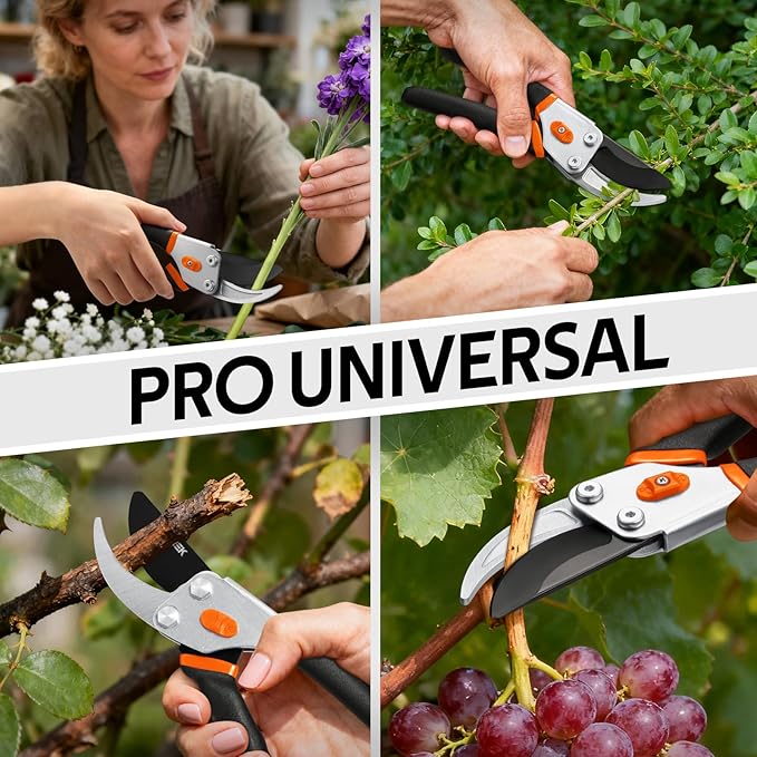 Effortless Pruning Shears: Professional 8.5”Garden Pruner with Jam-Proof Spring & Ever-Sharp SK5 Blade, Ergonomic Bypass Clippers for Rose, Tree Trimming & weak Hand, Heavy Duty Pruning Scissor