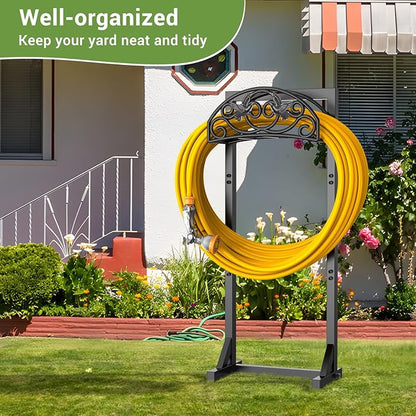 Garden Hose Holder with 4 Spikes, Water Hose Holders for Outside, 150ft Garden Hose Storage Heavy Duty Hose Hanger Metal Hose Stand Detachable Hose Reel Rack Organizer
