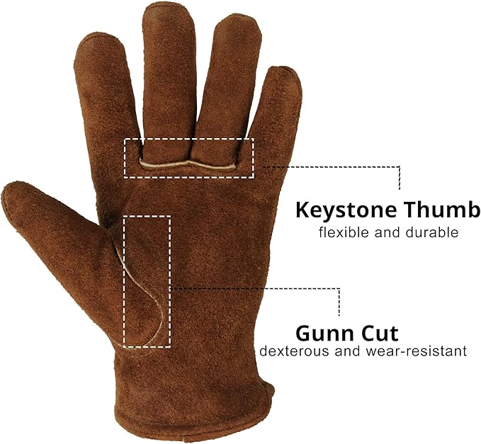 OZERO Work Gloves Winter Insulated Snow Cold Proof Leather Glove Thick Thermal Imitation Lambswool - Extra Grip Flexible Warm for Working in Cold Weather for Men, Women (Brown,Medium)