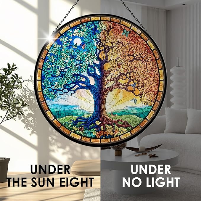 Tree of Life Stained Glass Window Hanging, 7.9" Sun Catcher Panel Boho Wall Art Decor with Chain, Hand Painted Round Glass Gifts for Couples, Housewarming Gift