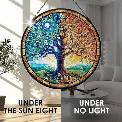 Tree of Life Stained Glass Window Hanging, 7.9" Sun Catcher Panel Boho Wall Art Decor with Chain, Hand Painted Round Glass Gifts for Couples, Housewarming Gift