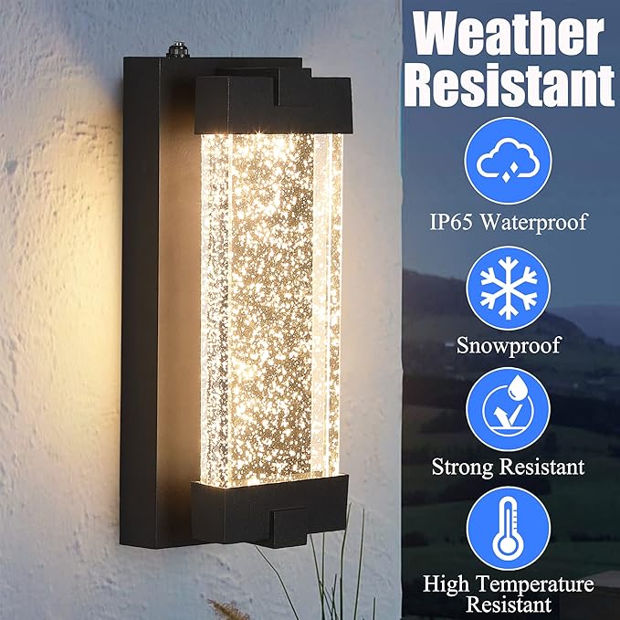 Black Wall Sconce with K9 Crystal Bubble and Dusk to Dawn Sensor, Exterior LED Wall Mounted Light, Modern Porch Lantern, Light Fixture for Indoor and Outdoor