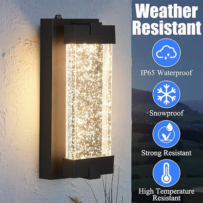 Black Wall Sconce with K9 Crystal Bubble and Dusk to Dawn Sensor, Exterior LED Wall Mounted Light, Modern Porch Lantern, Light Fixture for Indoor and Outdoor