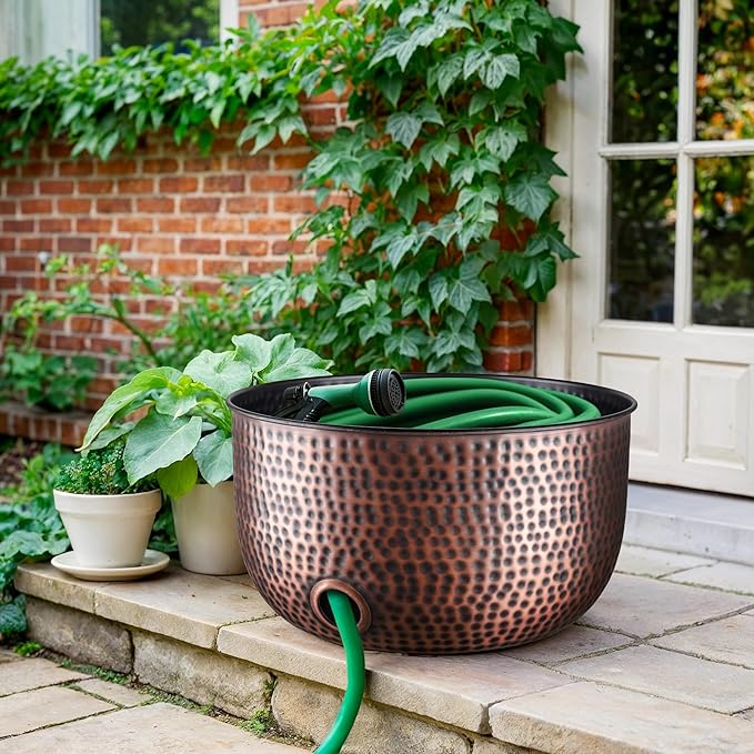 Monarch Abode Garden Hose Holder with Lid – Decorative Water Hose Holders for Outside, Hand Hammered Metal Antique Copper Pot with Drainage, 100ft Waterhose Holder for Outside, Garden Storage Caddy