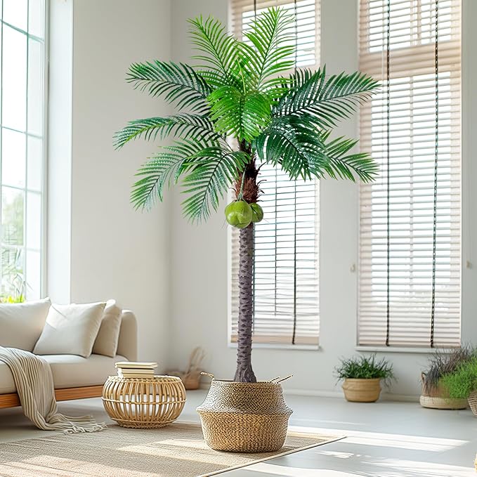 7.2FT Artificial Phoenix Palm Tree with Coconut Fruit Artificial Plants Indoor Outdoor Large Faux Coconut Palm Tree Tropical Fake Palm Plant for Modern Farmhouse Yard Outside Patio Poolside