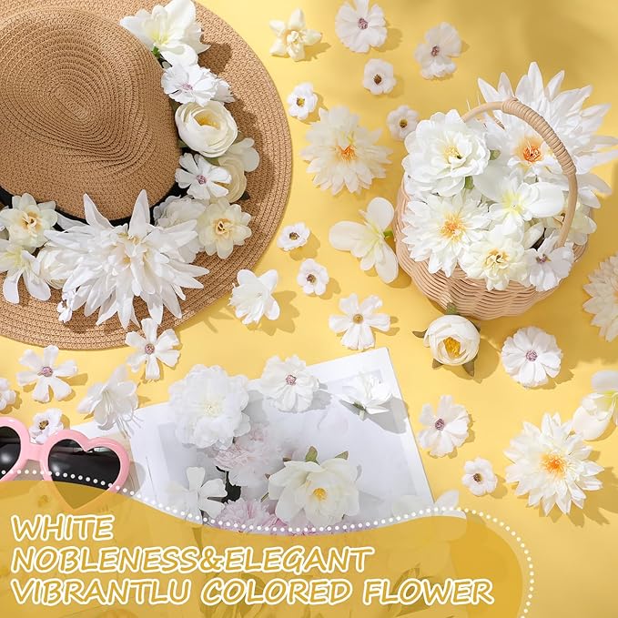 80 Pcs Assorted Fake Flower Heads Mini Artificial Flower Heads Bulk Silk Faux Daisy for Crafts Fake Peony Rose for Wedding Party Wreath Home Decoration(White)