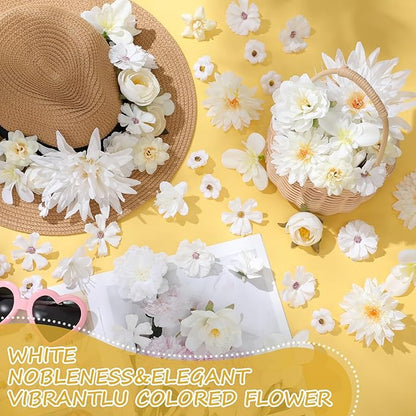 80 Pcs Assorted Fake Flower Heads Mini Artificial Flower Heads Bulk Silk Faux Daisy for Crafts Fake Peony Rose for Wedding Party Wreath Home Decoration(White)