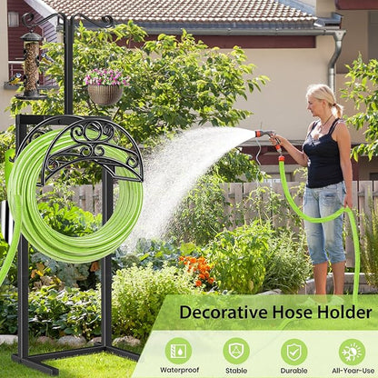 TomCare Garden Hose Holder with 2 Shepherds Hooks Upgraded Heavy Duty Water Hose Holder Holds 160 FT Hoses Freestanding Hose Reel with 2 Tool Hooks Outdoor Hoses Storage Hanger for Outside Yard, Black