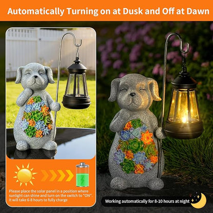 Solar Dog Garden Statue with Lantern – Waterproof Resin Outdoor Decor for Yard, Lawn, Flower Bed, Backyard, Front Yard, Patio, Balcony – Gift for Dog Lovers