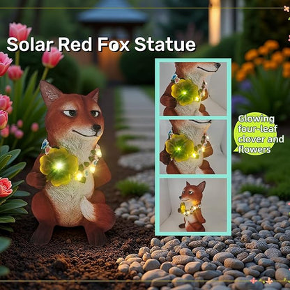 Solar Red Fox Garden Statue 12 Inch, Whimsical Woodland Animal Resin Garden Decor w/ Four-leaf Clover Light, Collectible LED Guardian Fox Outdoor Yard Ornaments for Spring St.Pactrick's Mom Gifts