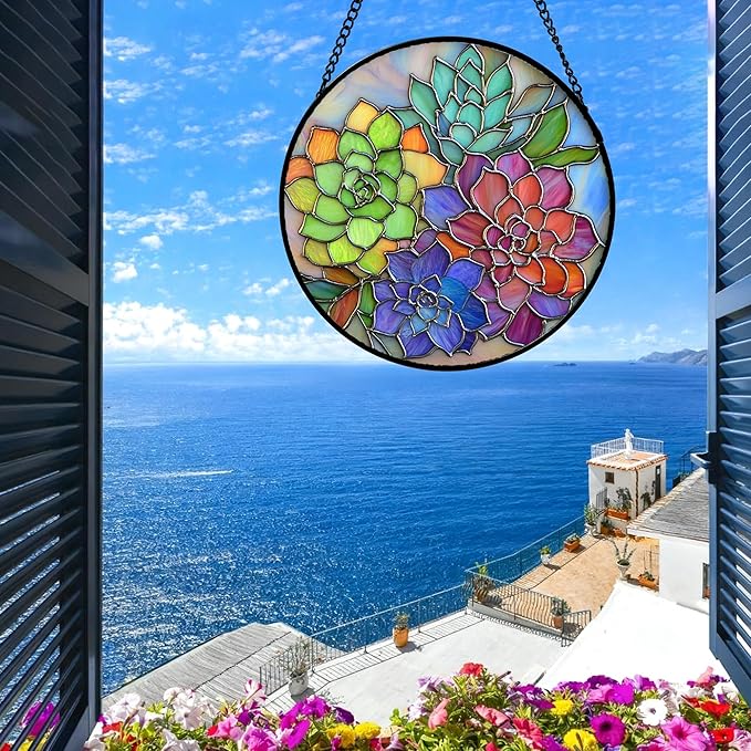 Stained Glass Window Hanging Colorful Succulents Large 15" - Flowers Suncatcher Door Garden Sun Catcher Home Decor Birthday Christmas for Mom Men Woman Friends Nana Wife