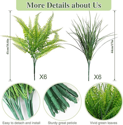 12 Bundles Artificial Plants Boston Fern Wheat Grass Shrubs Outdoor Faux Plants Faux Fern Stems UV Resistant Artificial Outdoor Plants Greenery for Home Gardens Patio Yards Decor
