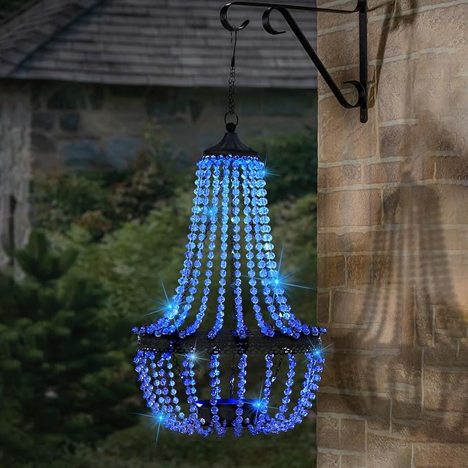 Hanging Solar Lantern Outdoor, 28” Modern Clear Crystal Acrylic Chandelier with 30 Blue Lights S Hook for Garden, Yard, Patio, Gazebo Decorations