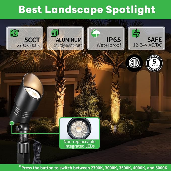 Landscape Spotlight - Soft & Natural White Selectable Setting Up Lights, Outdoor Low Voltage Spot Lights, LED 12V Wired Waterproof Aluminum, Black for Garden Patio Wall 6 Pack