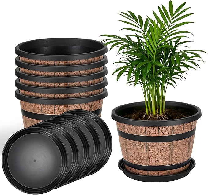 12 Inch Whiskey Barrel Planters with Drainage Holes & Saucer, 5 Pack Plastic Plant Pots with Wine Barrel Design, Flower Pots for Indoor Outdoor Balcony
