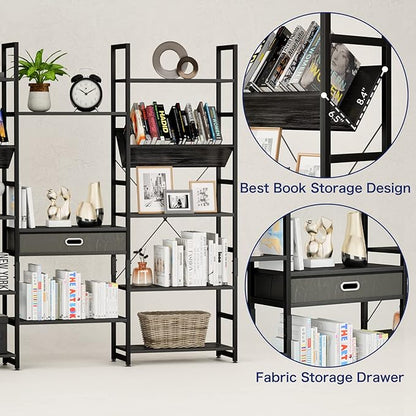 NUMENN Triple Wide 5 Tier Bookshelf, Adjustable Rustic Industrial Style Book Shelves, Modern Bookcases and Bookshelves Furniture for Bedroom, Living Room and Home Office, Elegant Black