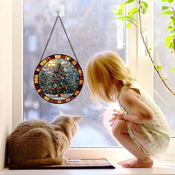 Stained Glass Window Hanging - Winter Christmas Tree Suncatcher Ready to Hang Window Doors Home Decoration, Christmas, Mother's Day Birthday Gifts for Women, Men, and Mom 11.8x11.8 in