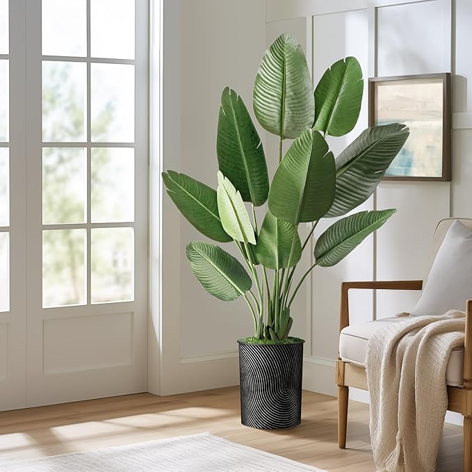 Artificial Tree in Geometric Spiral Pattern Planter, Fake Bird of Paradise Silk Tree for Indoor and Outdoor Home Decoration - 58" Overall Tall (Plant Pot Plus Tree)