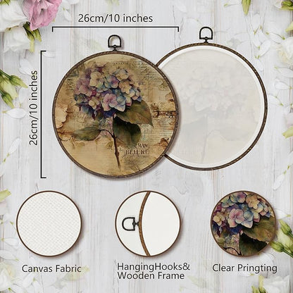 XNXLDYLH Vintage Purple Blue Hydrangea Round Framed Wall Art Decor, Purple Flower Retro Earthy Kitchen Bathroom Hanging Wall Decor Decorations, Botanical Floral Canvas Prints Wall Art Paintings,10x10In