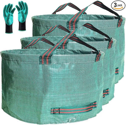 Professional 3-Pack 63 Gallon Lawn Garden Bags Large (D31,H19 inch) Yard Waste Bags W/Gardening Gloves,Standable,Reusable Leaf Bag,Lawn Debris Bin,Garden Trash Container,Plant Trimmings Bag 4 Handles