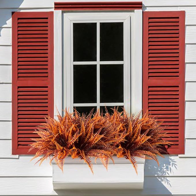 12 Bundles Artificial Fall Plants, Fake Boston Fern Greenery Outdoor UV Resistant No Fade Faux Plastic Plants Garden Porch Window Box Decorating（Fall Boston Fern