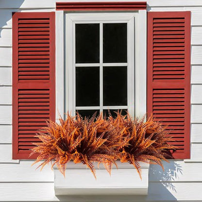 12 Bundles Artificial Fall Plants, Fake Boston Fern Greenery Outdoor UV Resistant No Fade Faux Plastic Plants Garden Porch Window Box Decorating（Fall Boston Fern