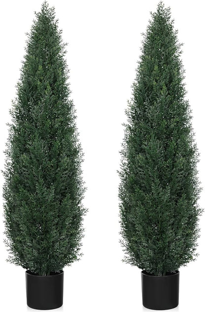 Artificial Cedar Topiary Trees for Outdoors, 4FT UV Resistant Faux Potted Cypress Plants, Set of 2 Realistic Fake Potted Topiary Plants for Home Porch, Garden, and Entryway Decor
