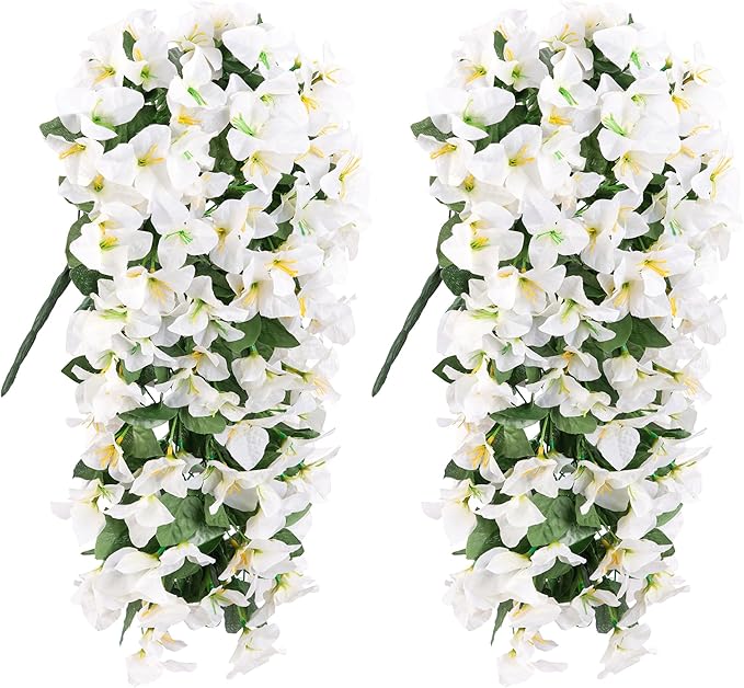 HyeFlora Bougainvillea Artificial Hanging Flowers Plants for Outdoors Decoration, 2pcs Fake Flowers Silk Bougainvillea Vines Realistic UV Resistant Faux Flowers for Outdoor Planters Patio Urn, White