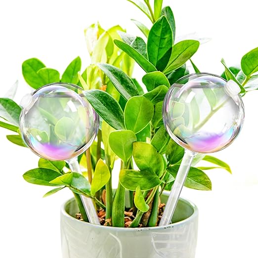 Betus 2 Pcs Iridescent Glass Plant Watering Globes – Self Watering Bulbs for Indoor Outdoor Houseplants, Automatic Plant Waterer System for Daily Care or Vacation, Rainbow Glass Watering Stakes