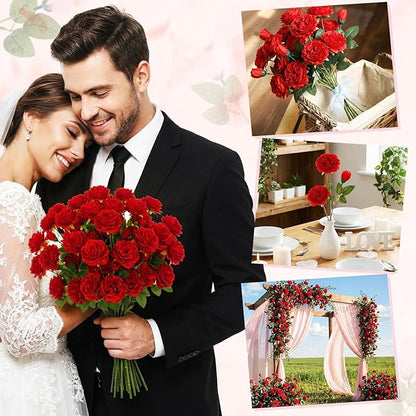 36 Bundles Artificial Flowers Peonies Roses Fake Bouquet for Wedding Bridal Shower Valentine's Day Decorations Fake Floral Arrangements Table Centerpieces Home Decor(Red)