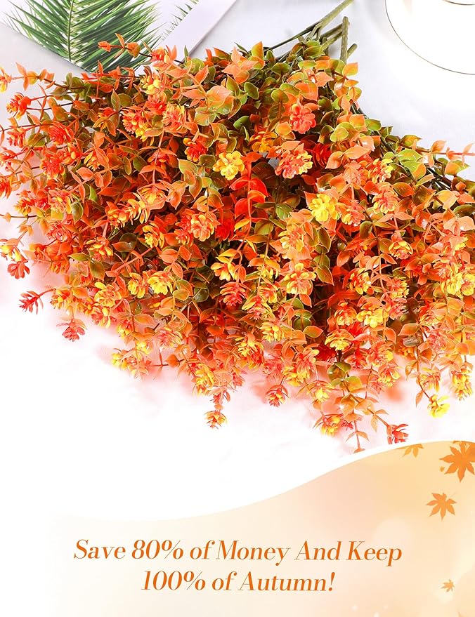 16 Bundles Artificial Flowers for Fall Outdoors Decoration - Fake Mums Faux Artificial Plants Plastic Shrubs Flower No Fade for Harvest Halloween Thanks Giving Day Decor